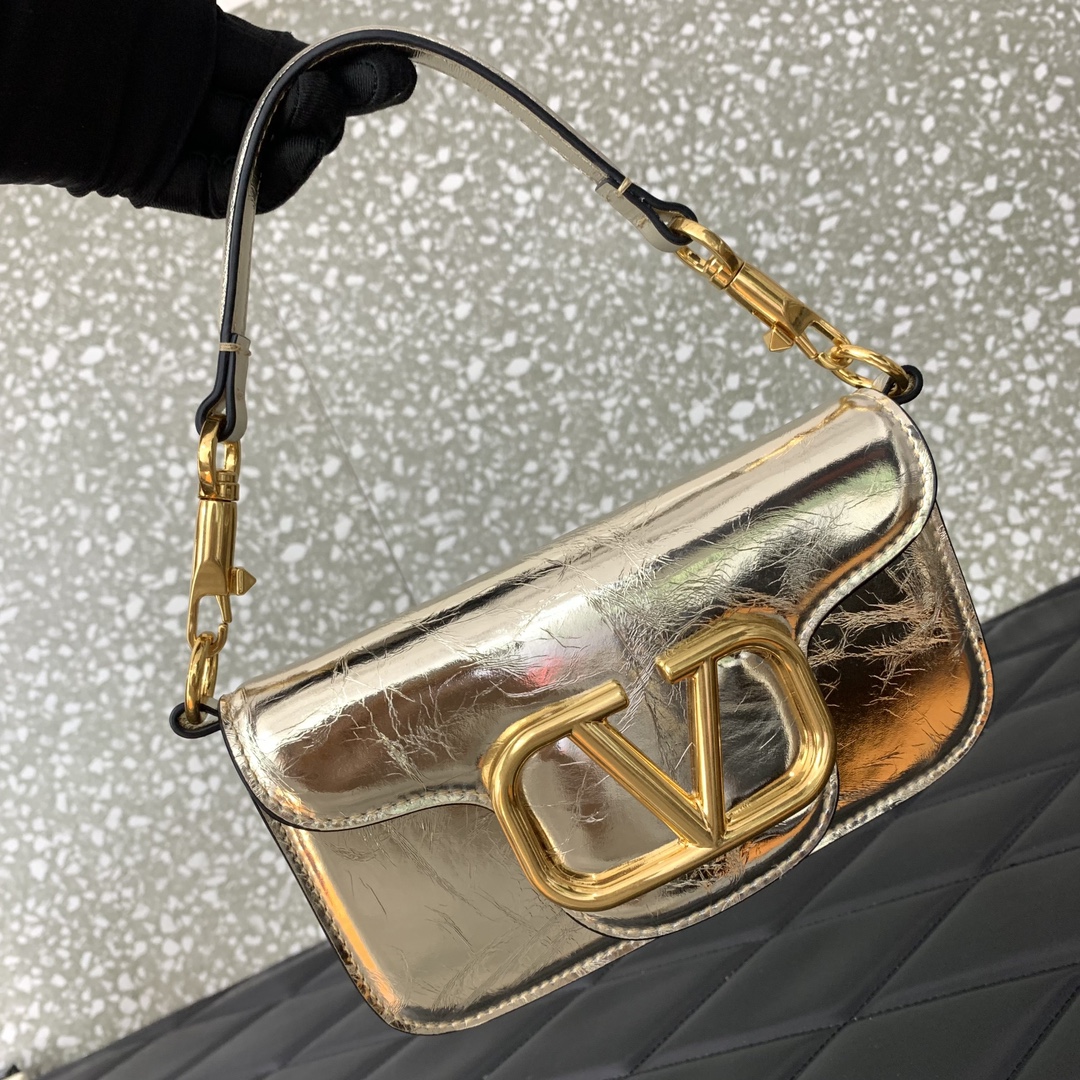 Valentino Garavani Loco Small Shoulder Bag in Gold Calfskin Leather 